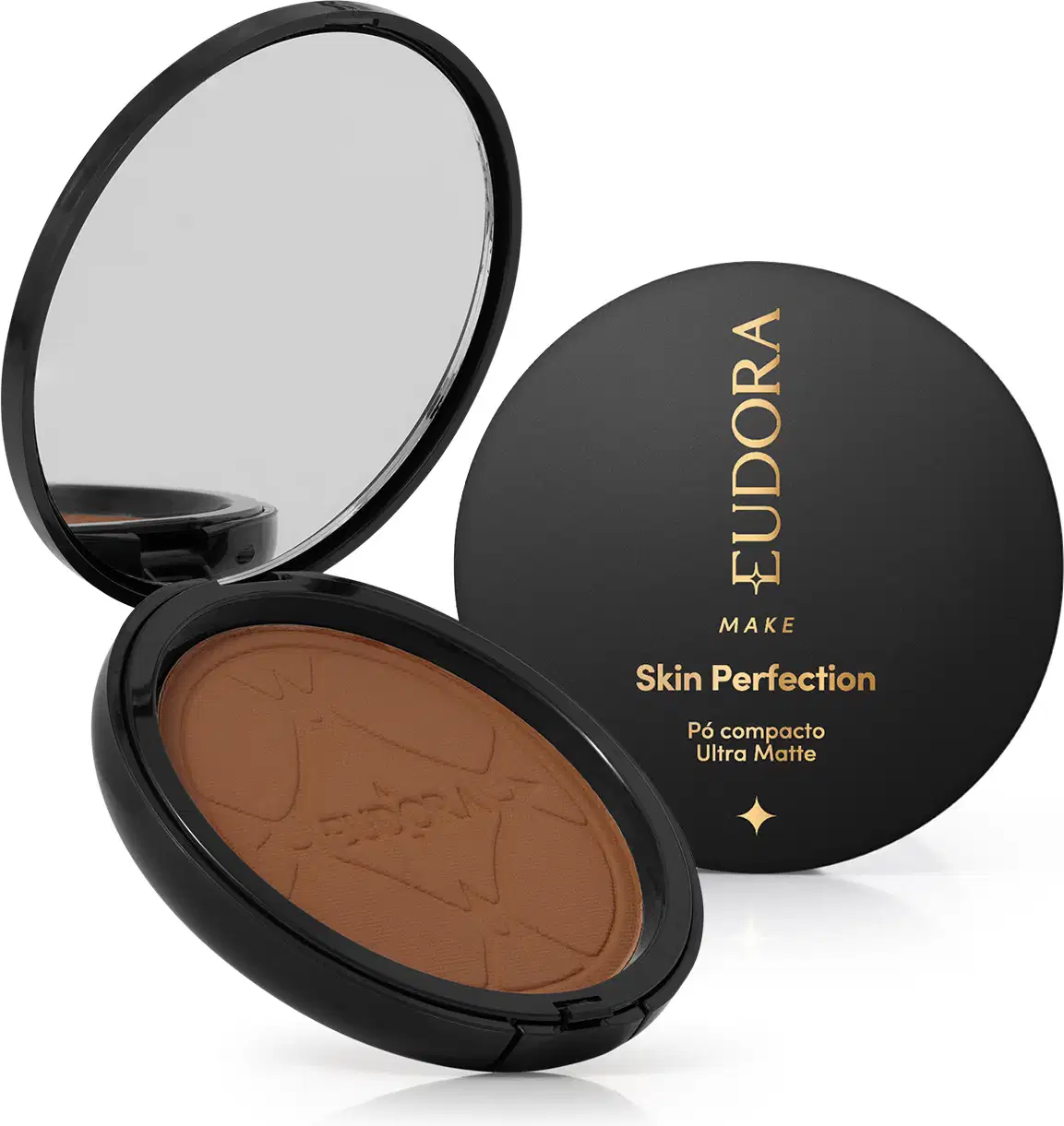 Pó compacto ultra matte da marca Eudora Make, com embalagem preta redonda e texto dourado "Skin Perfection" na tampa. 
