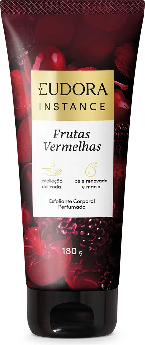 Tubo de esfoliante corporal perfumado da linha Instance da Eudora, com embalagem em tons de vermelho e dourado, destacando o nome do produto "Frutas Vermelhas".