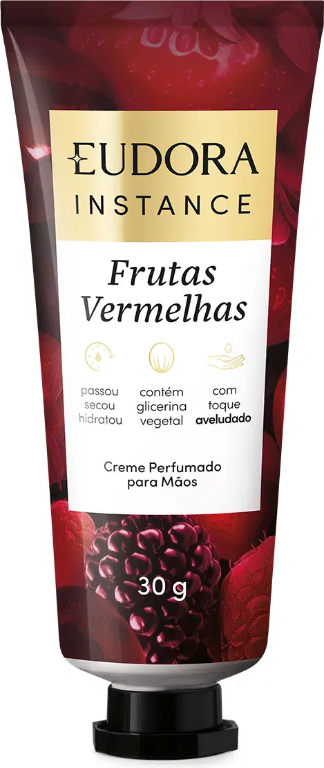 Creme perfumado para mãos da linha Instance da Eudora, com embalagem de 30g em tubo plástico vermelho escuro, destacando o nome da marca e o produto "Frutas Vermelhas" em letras brancas e douradas.