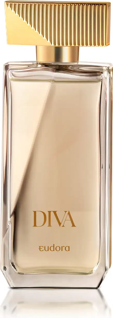 Frasco do Desodorante Colônia Diva da marca Eudora, com design elegante e sofisticado. Embalagem de vidro transparente com tampa dourada e detalhes verticais. 