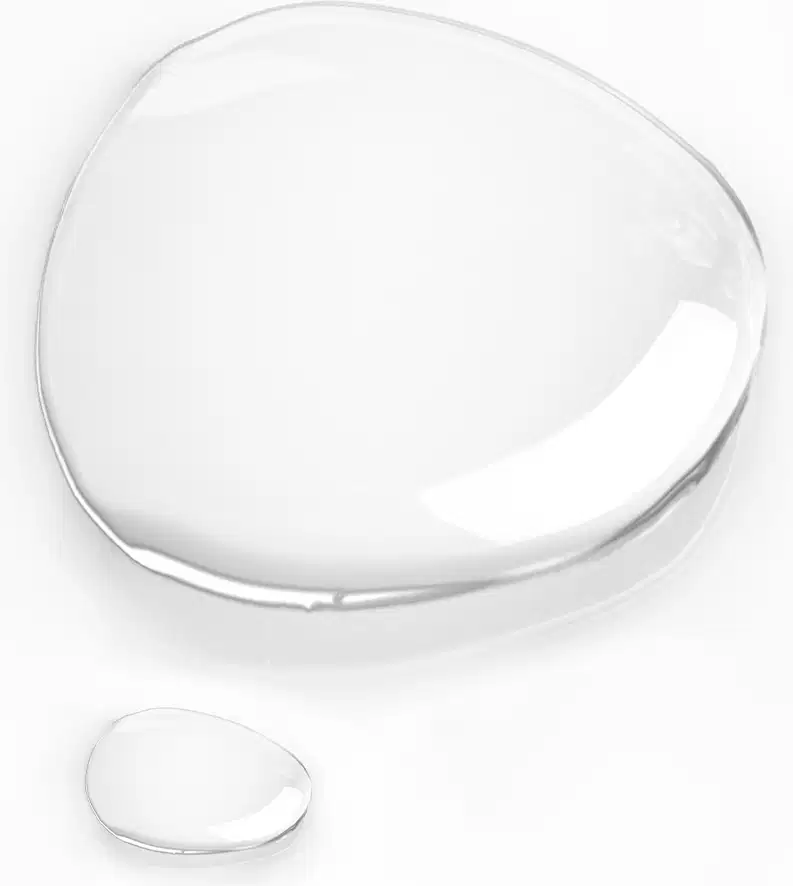 Textura do produto, em uma forma arredondada e transparente. Com uma consistência líquida.