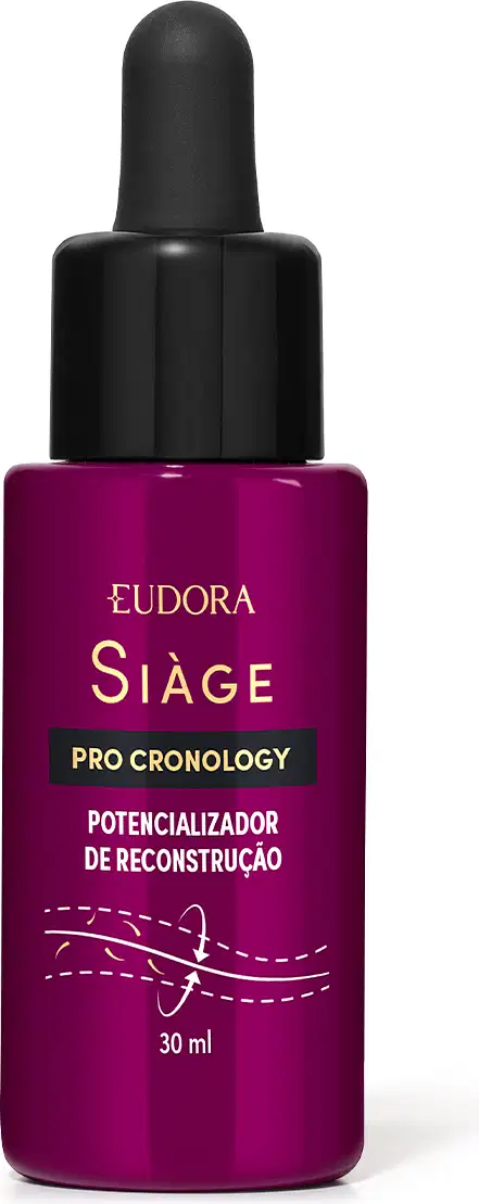 O produto apresentado é um potencializador de reconstrução da linha Siàge Pro Cronology. O frasco possui um conta-gotas preto na parte superior. A embalagem possui uma cor predominante de roxo escuro, com o nome da linha impressos no rótulo.