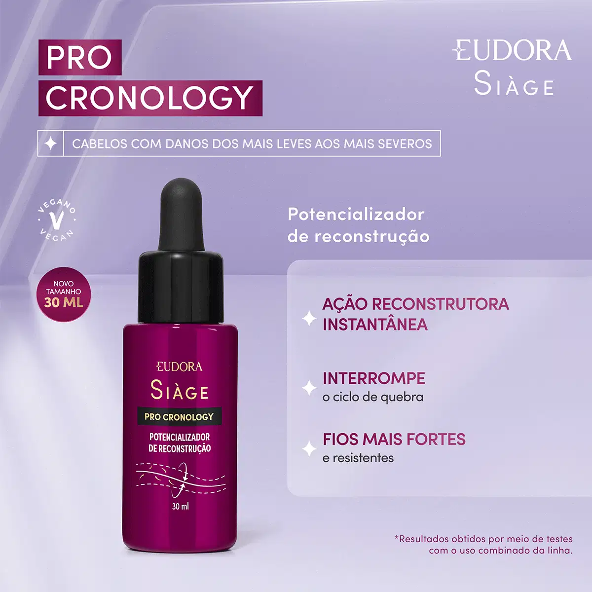 Card do produto potencializador de reconstrução da linha Pro Cronology da marca Eudora Siàge. Ao lado do produto, os dizeres: ação reconstrutora instantânea; Interrompe o ciclo de quebra; Fios mais fortes e resistentes.