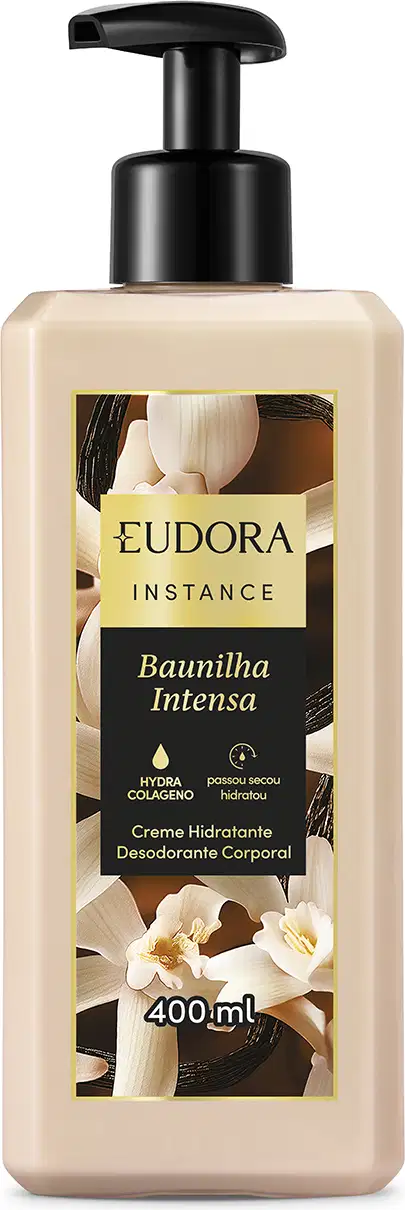 Frasco de creme hidratante desodorante corporal da marca Eudora Instance, com rótulo com nome "Baunilha Intensa" e informações sobre o produto.