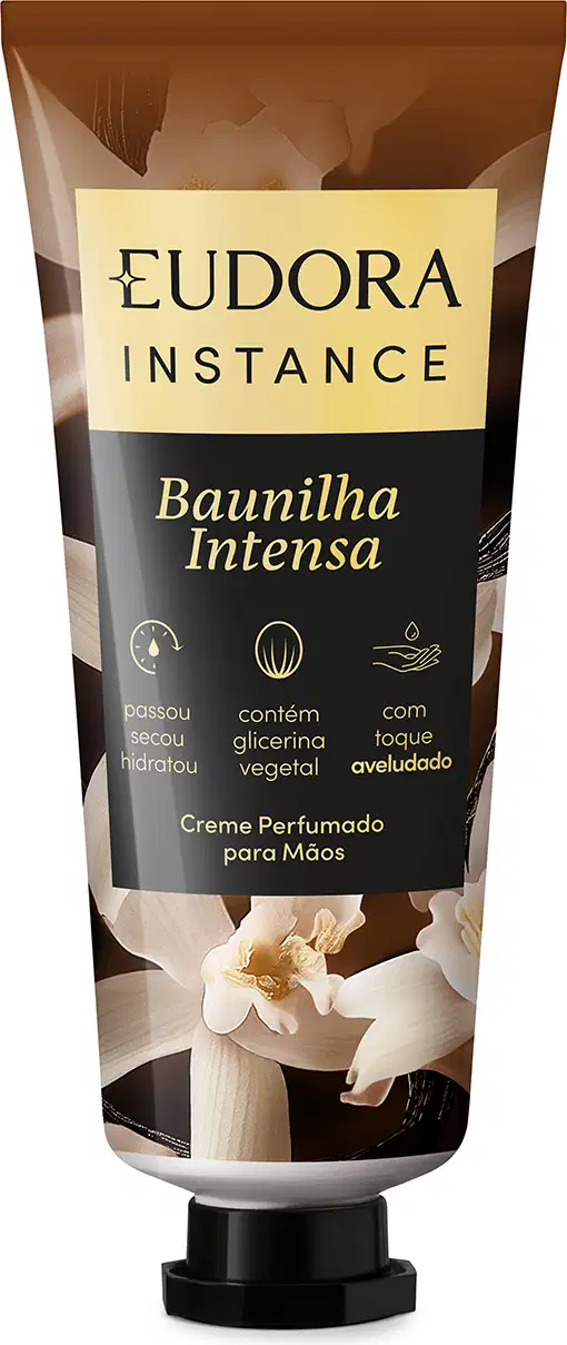 Embalagem de creme perfumado para mãos da marca Eudora Instance, com rótulo amarelo e preto destacando a fragrância "Baunilha Intensa". O produto contém glicerina vegetal e é livre de parabenos.