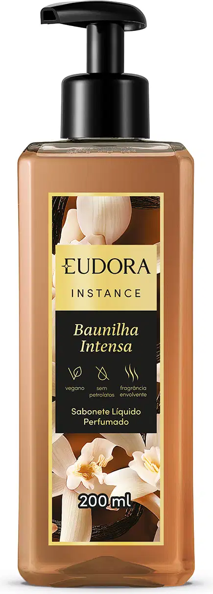 Frasco de sabonete líquido perfumado da marca Eudora, com 200 ml de volume, na cor âmbar, com rótulo destacando a fragrância "Baunilha Intensa" e a indicação "Sabonete Líquido Perfumado".