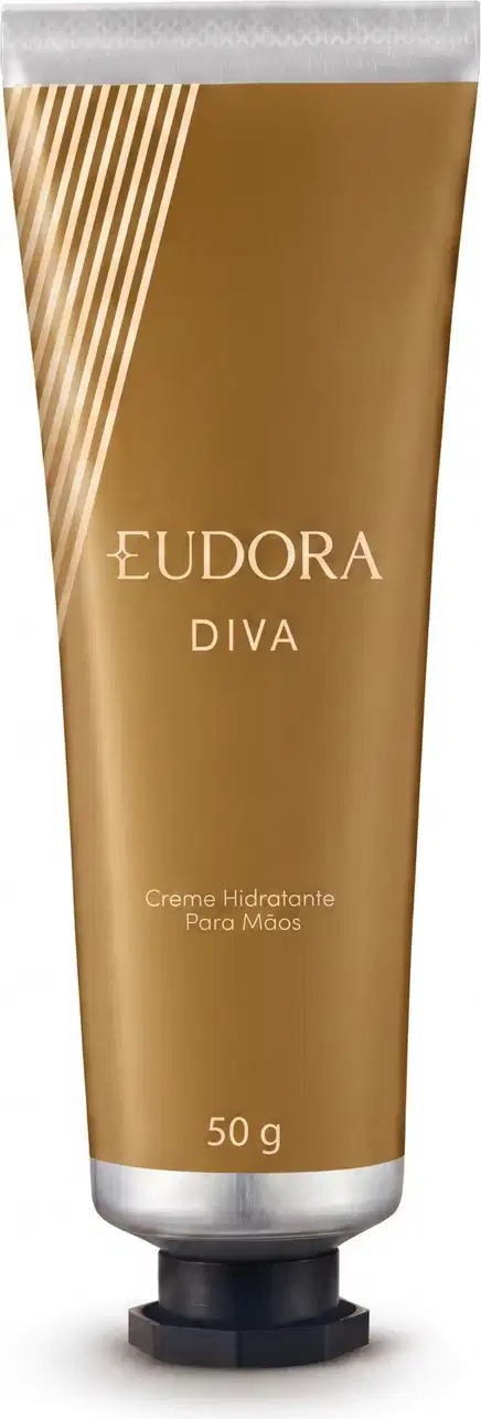 Tubo dourado com rótulo "Eudora Diva" contendo creme hidratante para mãos. Embalagem com listras diagonais douradas e brancas. Se trata de um produto de cuidados pessoais.