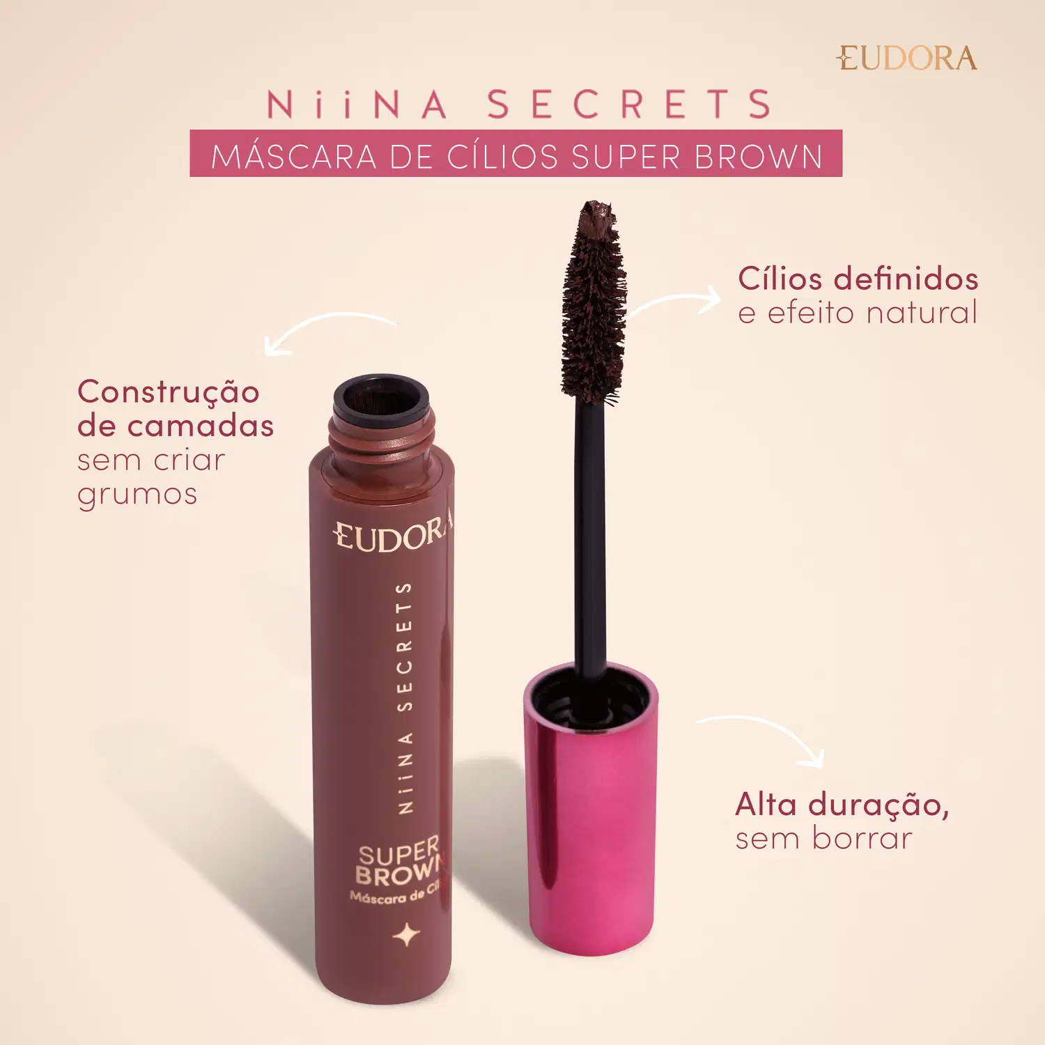 Máscara de cílios super brown: Cílios definidos e efeito natural, construção de camadas sem criar grumos, alta duração sem borrar.