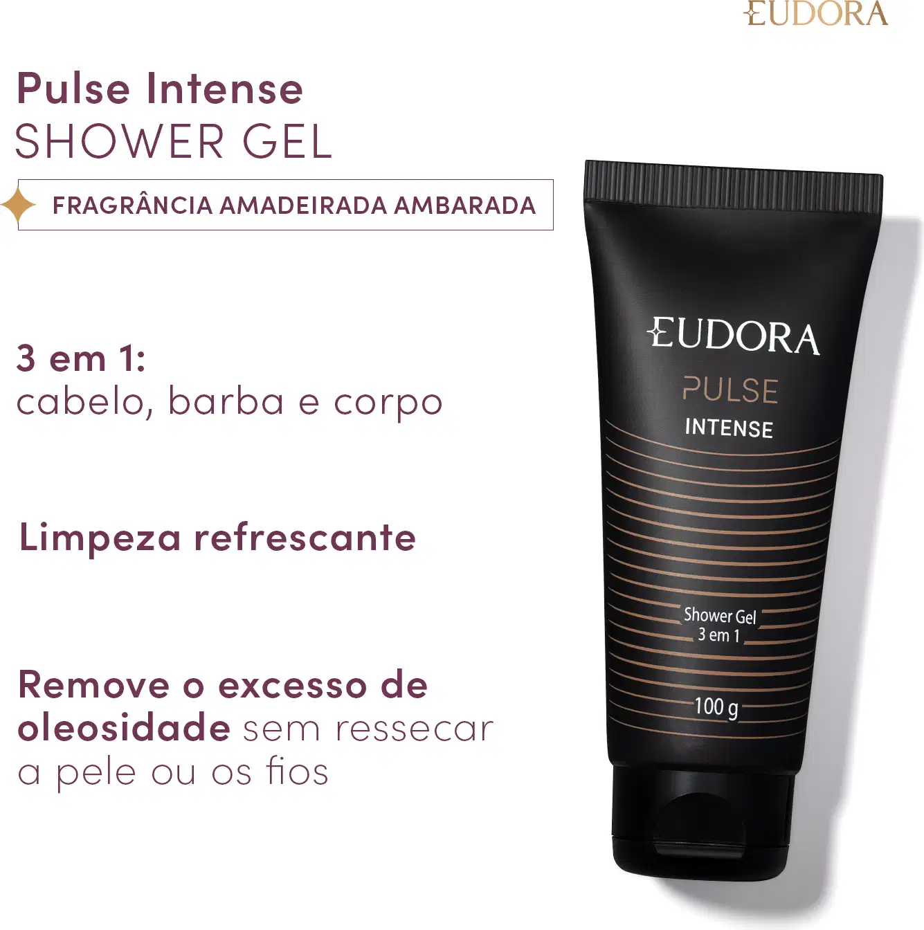 Card em texto: Pulse Intense SHOWER GEL: Fragrância amadeirada ambarada. 3 em 1: cabelo, barba e corpo. Limpeza refrescante. Remove o excesso de oleosidade sem ressecar a pele ou os fios.