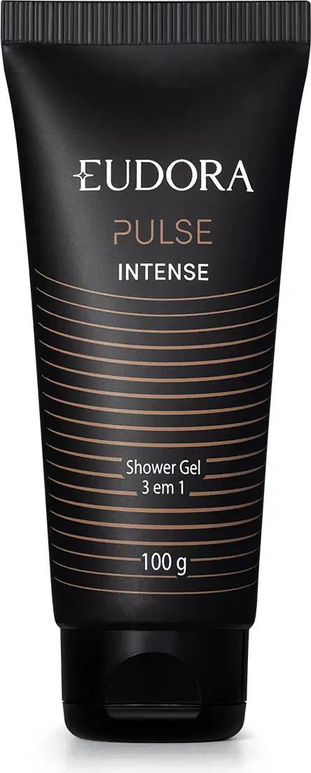 Frasco de gel de banho da marca Eudora, da linha Pulse Intense, com embalagem preta e detalhes em dourado. O produto é apresentado em tubo de 100g, com informações sobre sua composição e características impressas no rótulo.