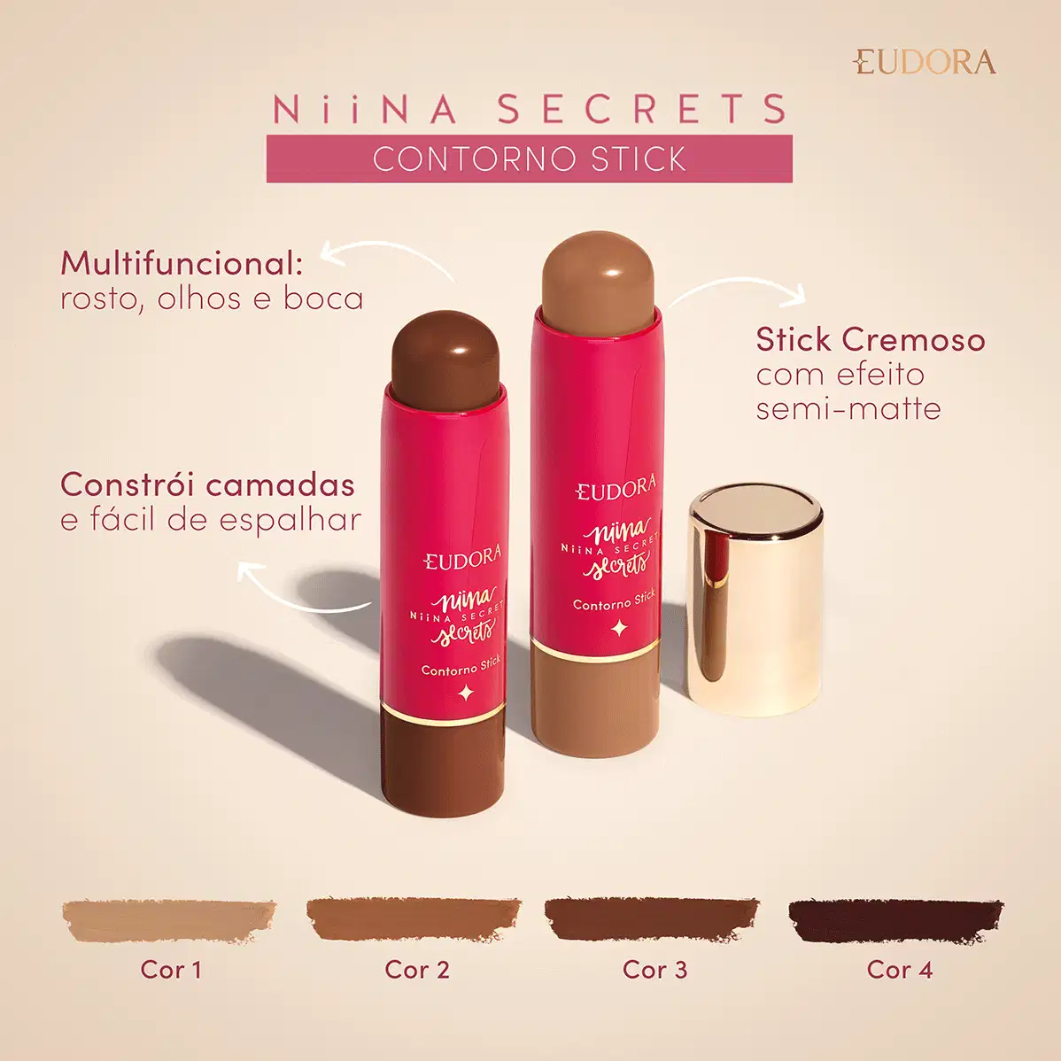 Card do Contorno Stick Niina Secrets. Temos dois produtos de cor diferente ao centro e ao redor os claims: Multifuncional (rosto, olhos e boca); Efeito semi-matte; Constrói camadas e fácil de espalhar. Abaixo, temos 4 texturas de cores diferentes.