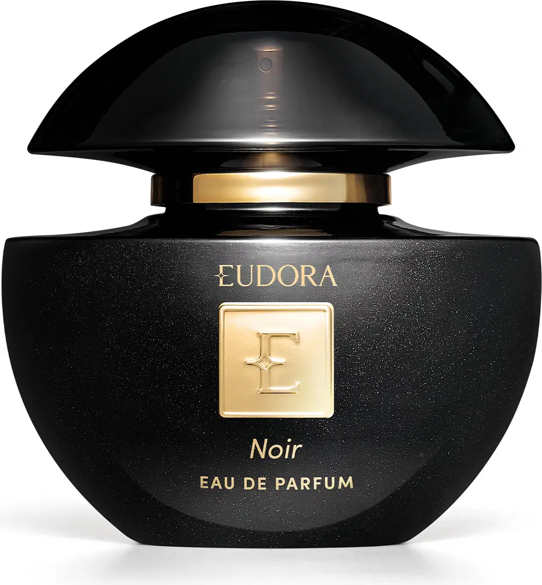 Frasco de Eudora Noir Eau de Parfum, com embalagem preta brilhante e detalhes dourados, incluindo o logotipo da marca e a indicação "Eau de Parfum" na parte frontal.