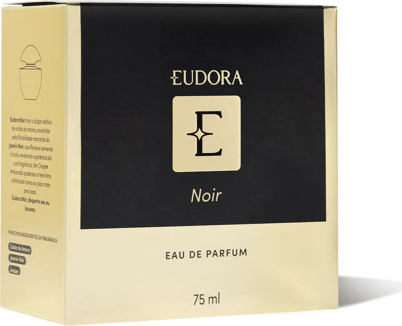 Caixa preta e dourada da linha Eudora Noir, contendo frasco de perfume Eau de Parfum com 75 ml. O rótulo apresenta o logotipo da marca em dourado.