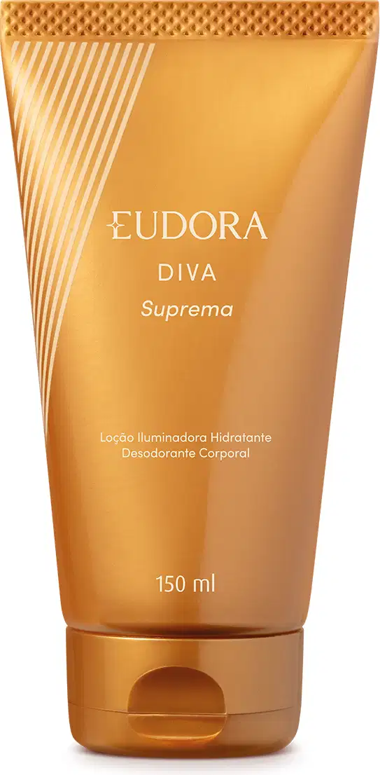 O produto apresentado é uma Loção Hidratante Desodorante Corporal da linha Diva Suprema da marca Eudora. A embalagem é um tubo dourado com detalhes em relevo e listras diagonais, com o nome da marca e do produto claramente visíveis.
