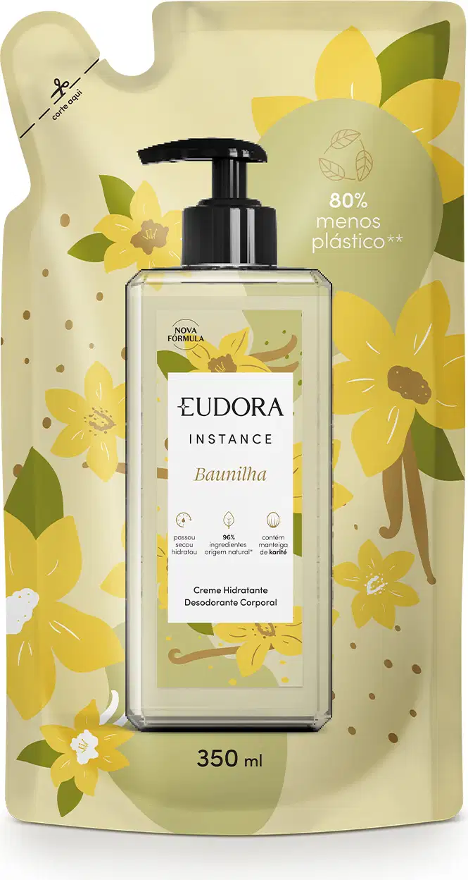 A imagem mostra embalagem refil do creme hidratante corporal da marca Eudora, linha Instance, fragrância Baunilha. Frasco de plástico com o produto, com ilustrações de flores e favas de baunilha. Capacidade de 350ml.