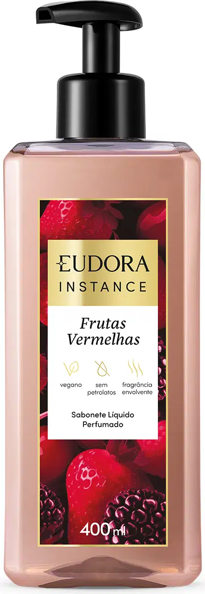 Frasco de sabonete líquido perfumado da linha Instance da Eudora, com rótulo destacando a fragrância "Frutas Vermelhas" e informações sobre o produto em português.