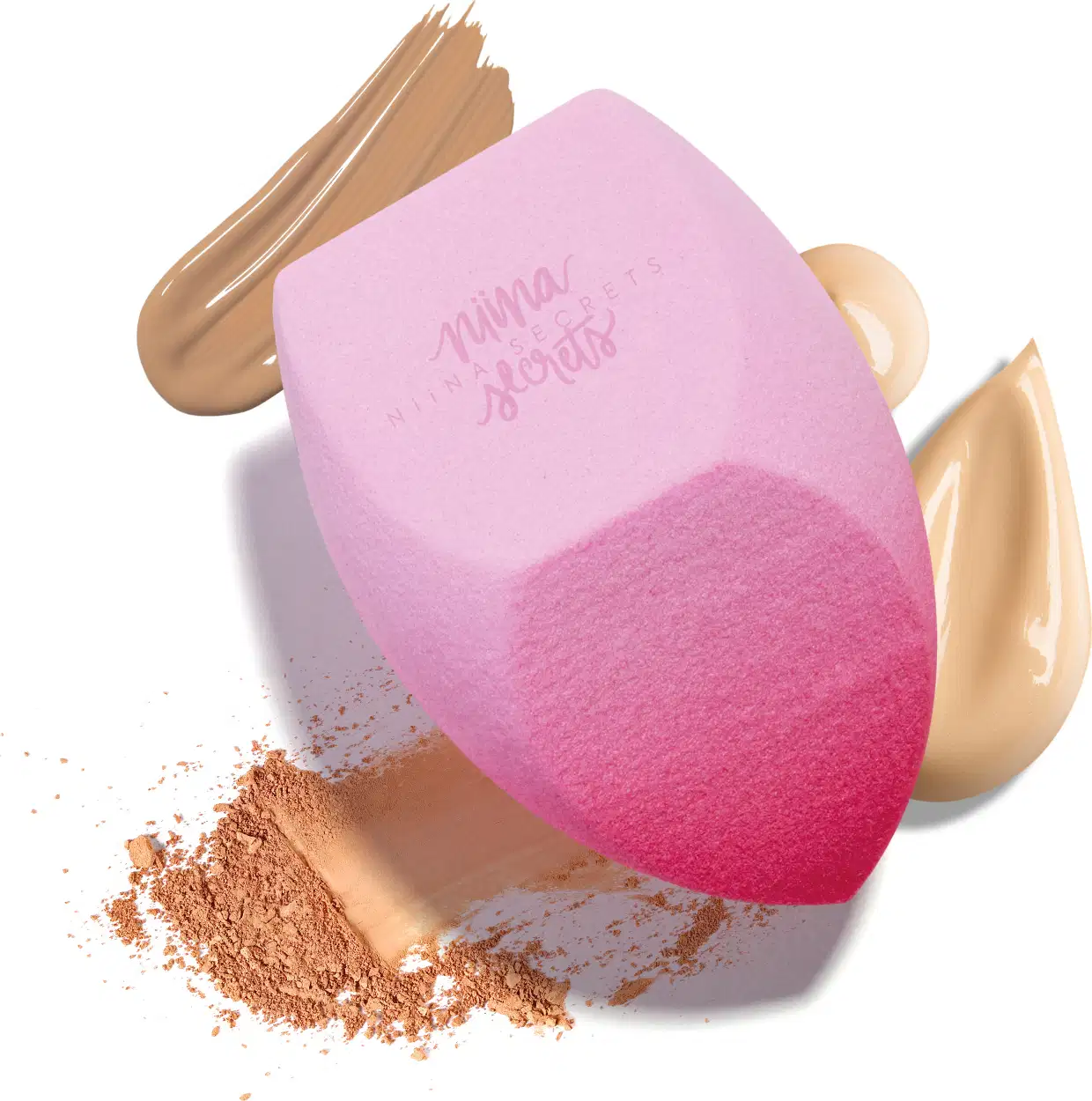 Esponja Pink Blend Niina Secrets com um fundo em diferentes texturas cremosas e em pó.