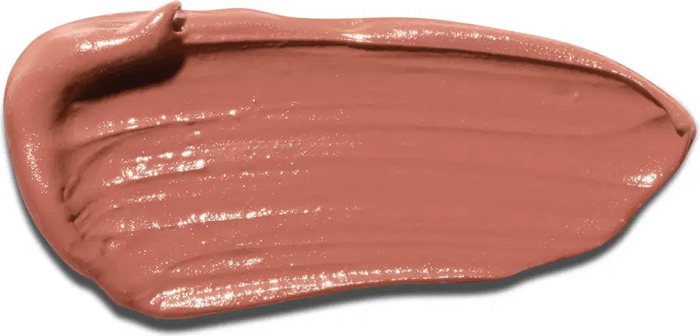 A textura do batom apresenta uma aparência brilhante e cremosa, com uma consistência suave e uniforme. A cor predominante é um rosado nude.