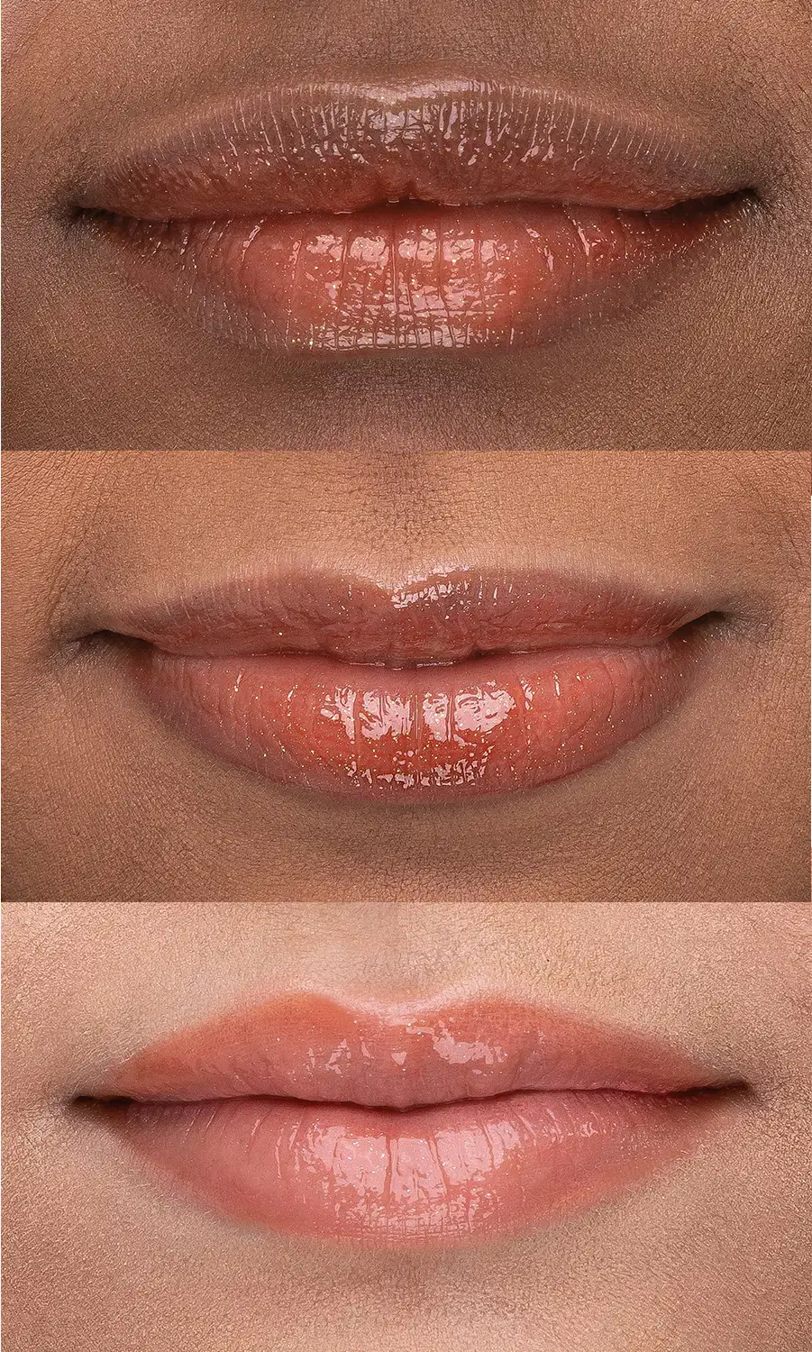 Imagem de 3 lábios femininos em close-up, com aplicação do gloss em diferentes tons de pele, branca, parda e negra mostrando que gloss atende aos três tons de pele, sendo mais rosado na pele branca e mais avermelhado na pele escura.