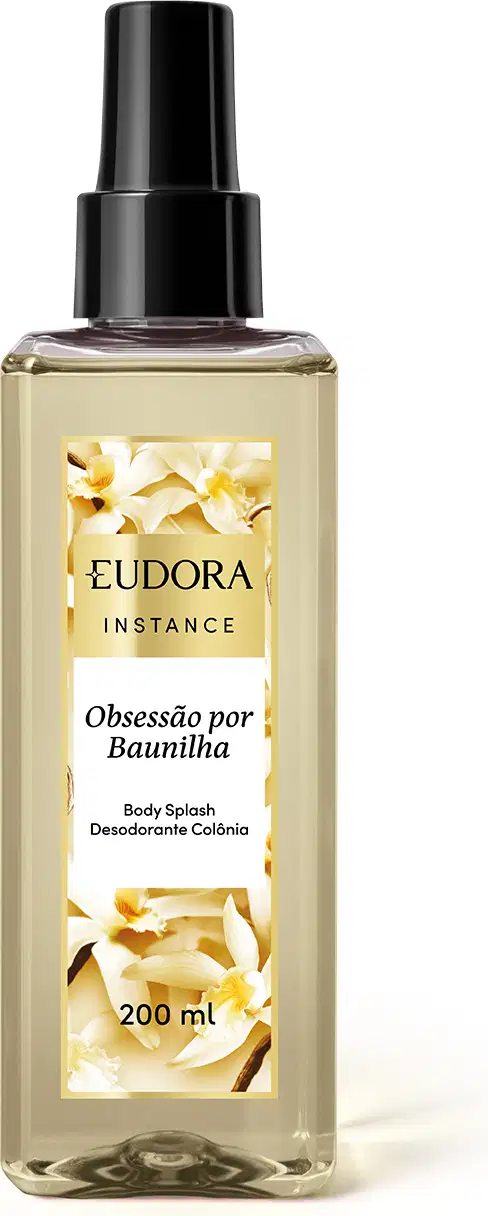 Frasco de 200 ml do desodorante colônia Obsessão por Baunilha da marca Eudora, com rótulo amarelo e preto destacando a linha Instance.