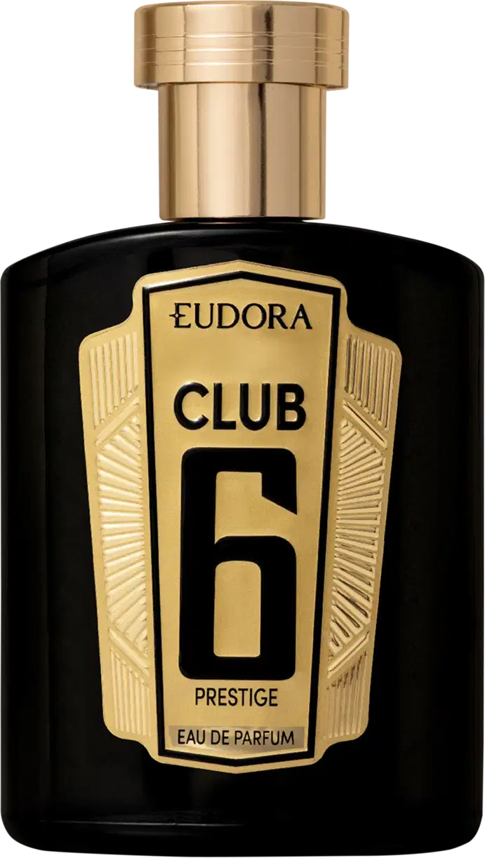 Frasco de perfume Eudora Club 6 Prestige, com embalagem preta e dourada, destacando o número 6 e a palavra "Prestige" em letras douradas.
