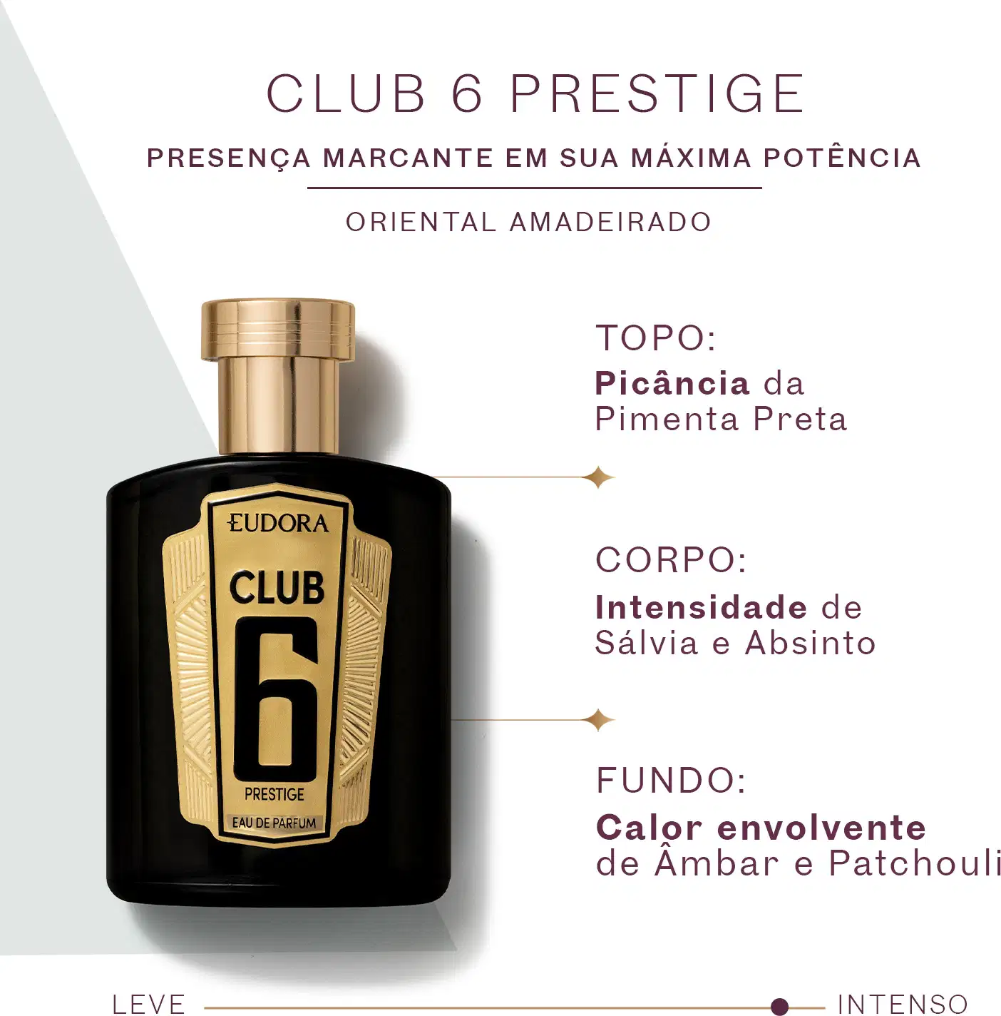 CLUB 6 PRESTIGE
PRESENÇA MARCANTE EM SUA MÁXIMA POTÊNCIA
ORIENTAL AMADEIRADO
TOPO: Picância da Pimenta Preta
CORPO: Intensidade de Sálvia e Absinto
FUNDO: Calor envolvente de Âmbar e Patchouli