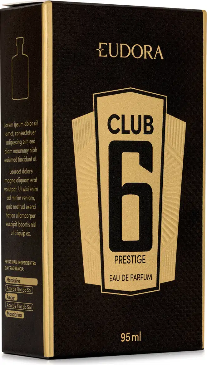 Caixa preta e dourada de perfume da linha Club 6 da marca Eudora, com rótulo destacando o nome "Club 6 Prestige" e informações sobre o produto em 95 ml.