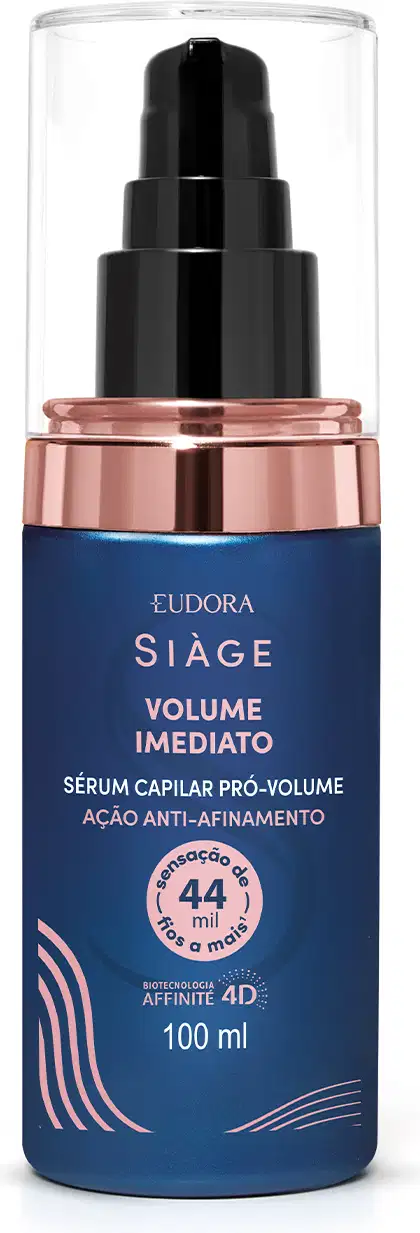 Frasco de soro capilar pro-volume da linha Siàge, com embalagem em tons de azul e rosa, contendo 100 ml do produto. O rótulo destaca o "Volume Imediato" e a ação anti-afrouxamento dos fios.