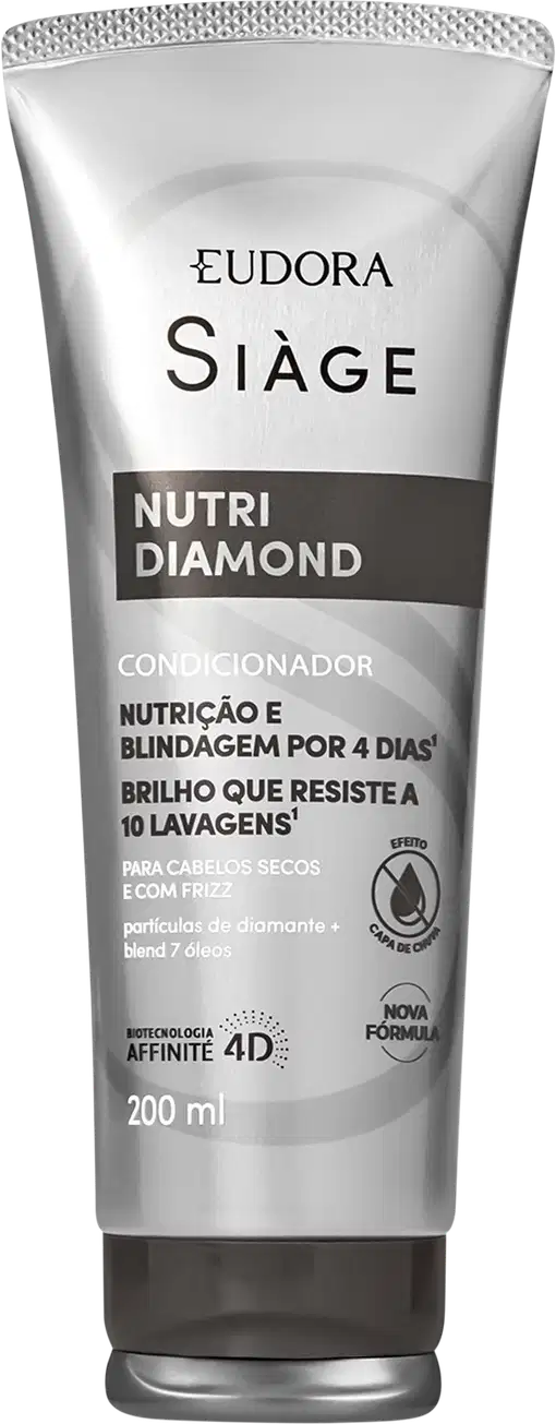 Frasco de condicionador Siàge Nutri Diamond, com embalagem de plástico transparente e rótulo em preto e branco. Destaca a nutrição e blindagem por 4 dias, além de brilho que resiste a 10 lavagens, para cabelos secos e com frizz.