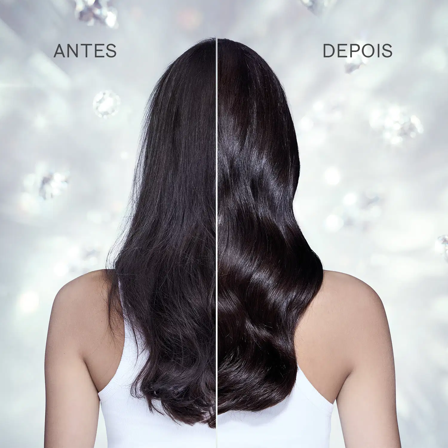 A imagem mostra o antes e depois de um tratamento capilar da linha Siàge. A imagem transmite a ideia de transformação e melhoria da aparência dos cabelos.