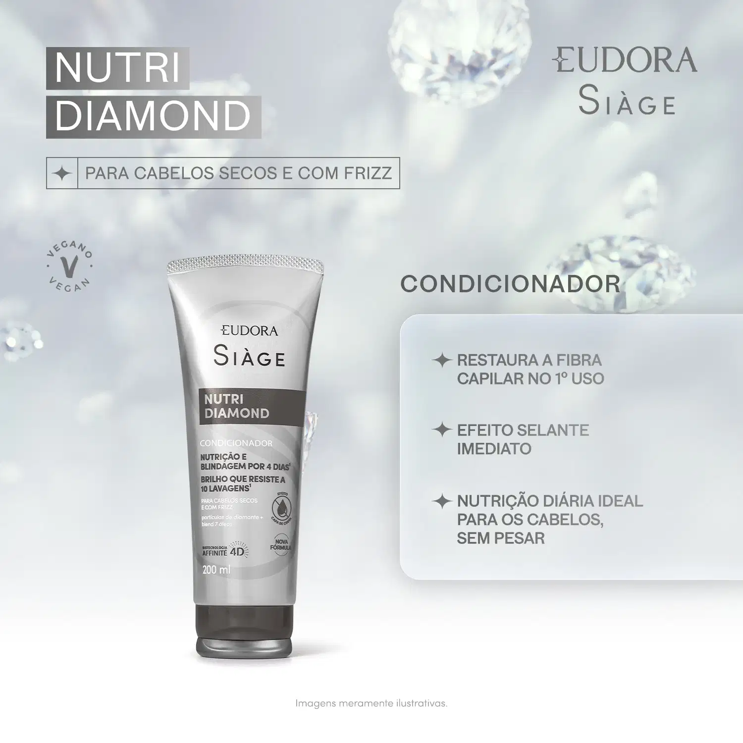 Condicionador Nutri Diamond da marca Siàge, em embalagem de tubo plástico cinza, com destaque para os benefícios de nutrição e brilho para cabelos secos e com frizz.