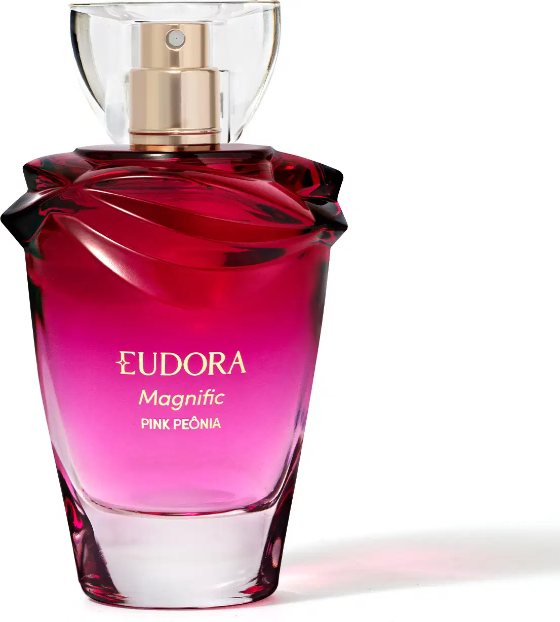 Frasco do desodorante colônia Eudora Magnific Pink Peônia, com design em formato de flor e coloração rosa vibrante, com rótulo destacado em dourado.