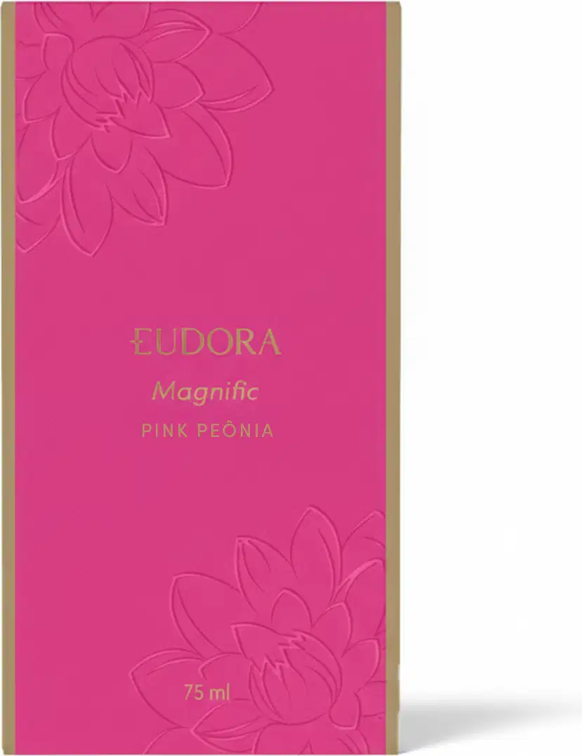 Caixa do desodorante colônia Eudora Magnific na cor rosa vibrante, com estampa de flores em relevo. Rótulo com o nome do produto "Pink Peonia" e volume de 75 ml.