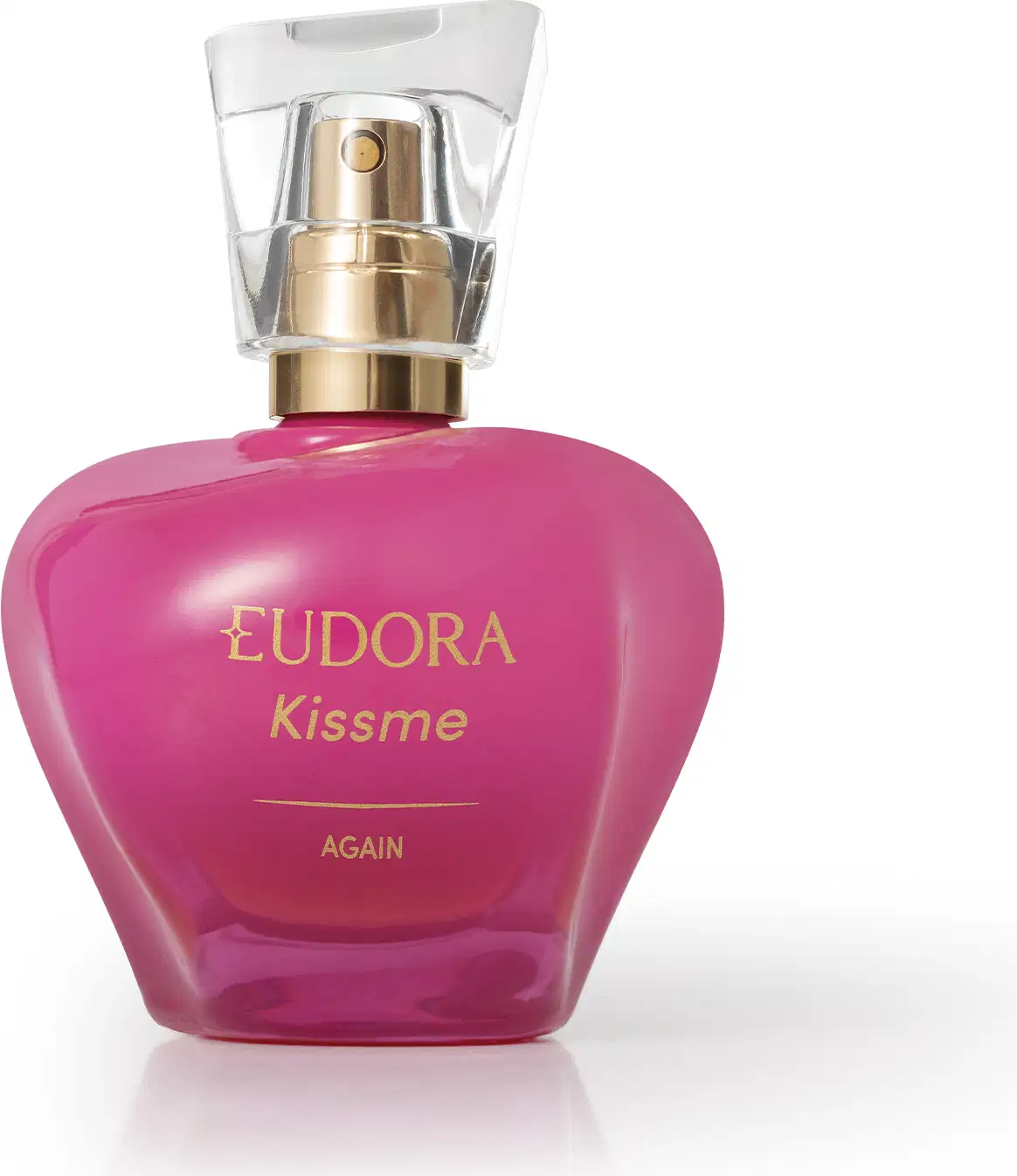 Frasco de item de perfumaria da marca Eudora, na cor rosa vibrante em formato de maçã, com rótulo dourado exibindo o nome "Kiss Me Again".