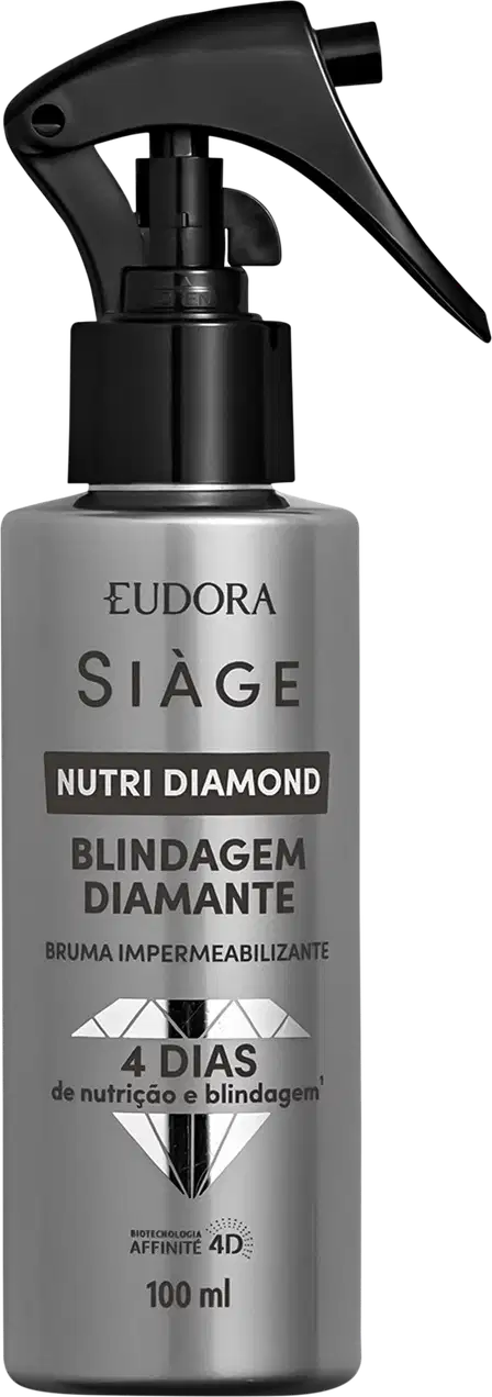 Frasco preto e cinza da linha Siàge Nutri Diamond, contendo bruma impermeabilizante com 100 ml. Rótulo com nome do produto "Blindagem Diamante" e informações sobre nutrição e blindagem por 4 dias.