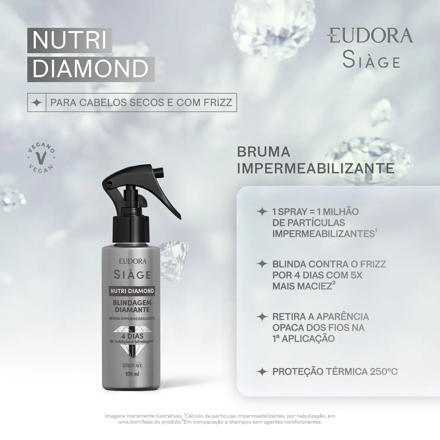 O produto Nutri Diamond da marca Siàge é apresentado em um ambiente de fundo claro, com destaque para o frasco do produto e informações sobre suas propriedades de proteção térmica e redução do frizz dos cabelos.