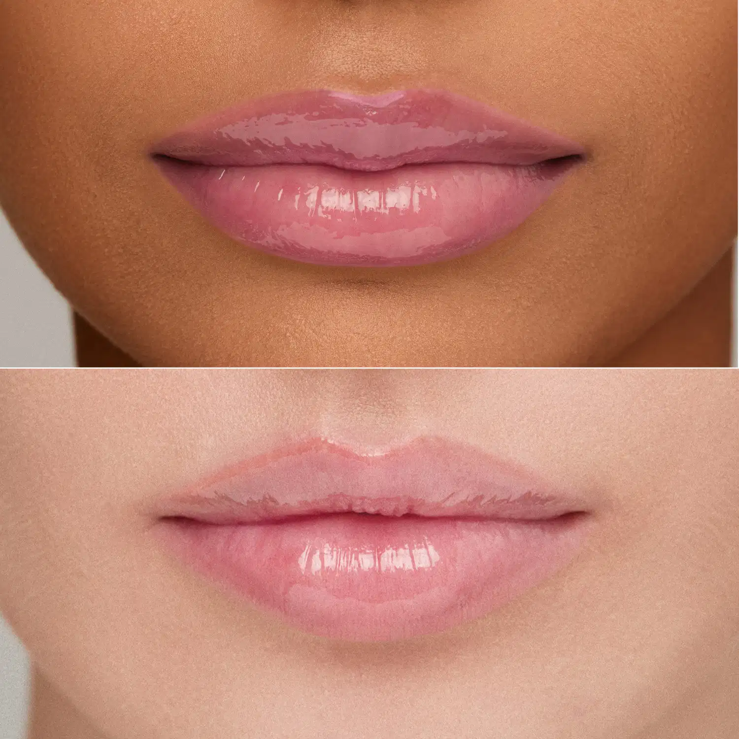 Imagem em close de duas modelos, mostrando o efeito do Gloss Labial: Lábios rosados com brilho, em primeiro plano, sobre fundo neutro.