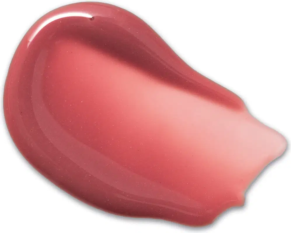 Textura de produto de maquiagem com aspecto cremoso, brilhante e translúcido em tom rosé.