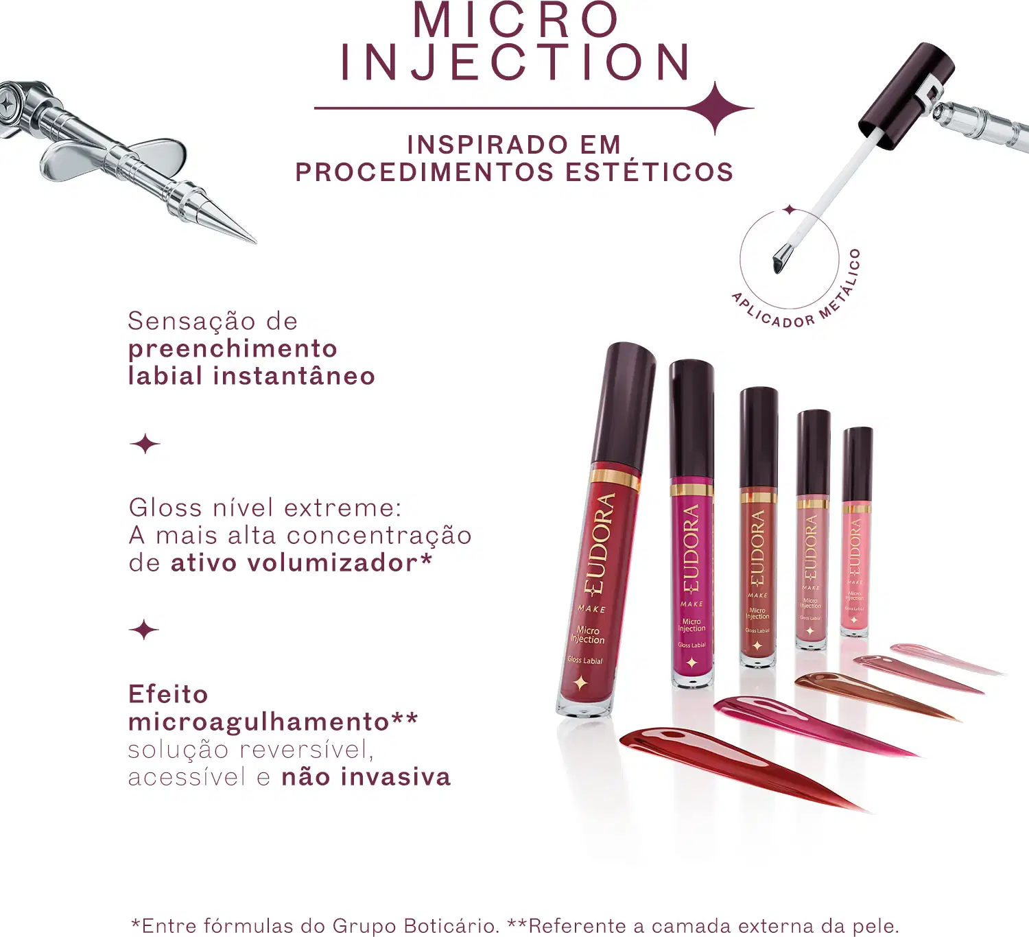 Imagem de vários gloss da linha Micro Injection da marca Eudora, incluindo um aplicador metálico. Em texto: "Inspirado em procedimentos estéticos" e "Sensação de preenchimento labial instantâneo".
