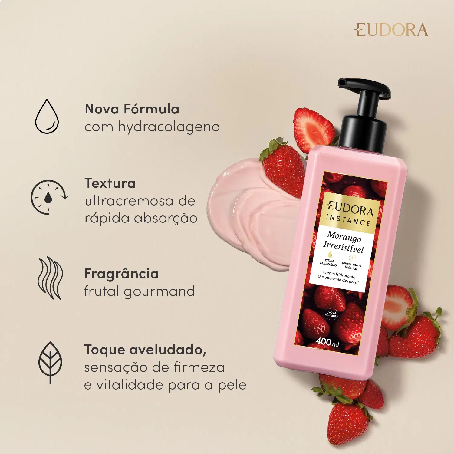 Card descritivo do Creme Hidratante Desodorante Corporal Instance Frutas Vermelhas. Em texto: Nova Fórmula com hidrocolageno, Textura ultracremosa de rápida absorção, Fragrância frutal gourmand, Toque aveludado, sensação de firmeza e vitalidade.