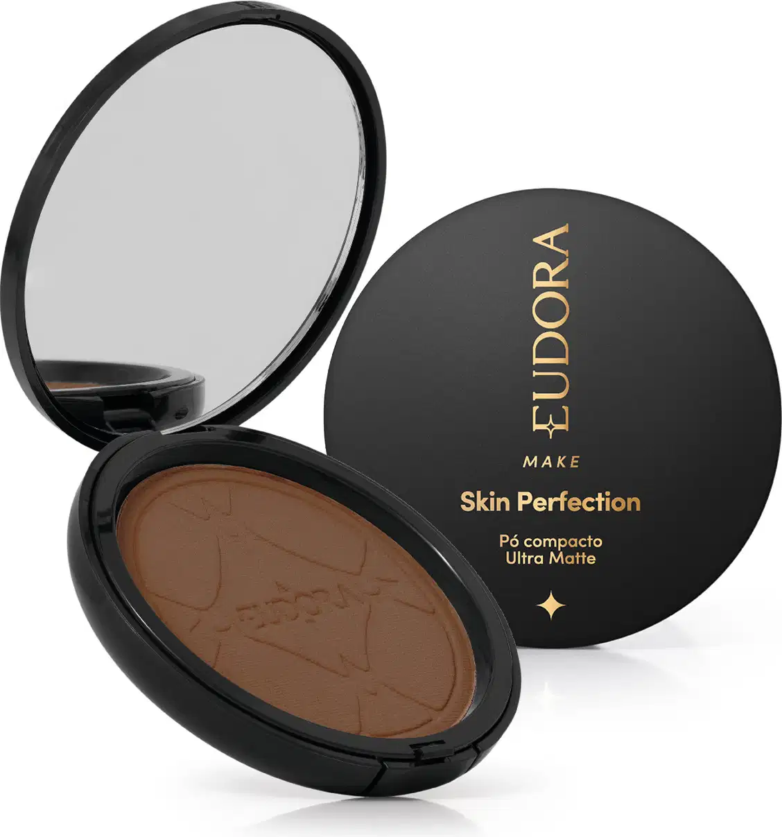 Pó compacto ultra matte da marca Eudora Make, com embalagem preta redonda e texto dourado "Skin Perfection" na tampa.