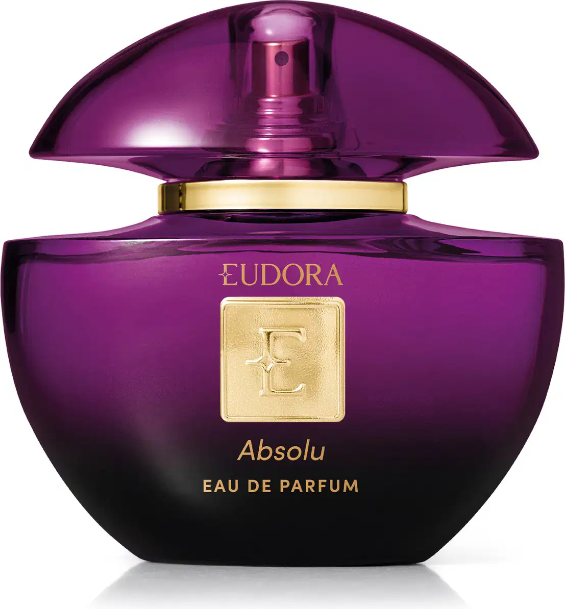 Frasco de perfume Eudora Absolu, com tampa em formato de cúpula, em tom roxo brilhante, com logotipo dourado. Rótulo indica tratar-se de um eau de parfum.