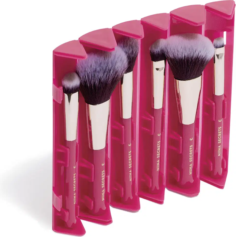 Seis pincéis de maquiagem Niina Secrets com cerdas pretas/cinzas e cabos dourados e rosa, embalados em estojos rosa pink com abas triangulares.