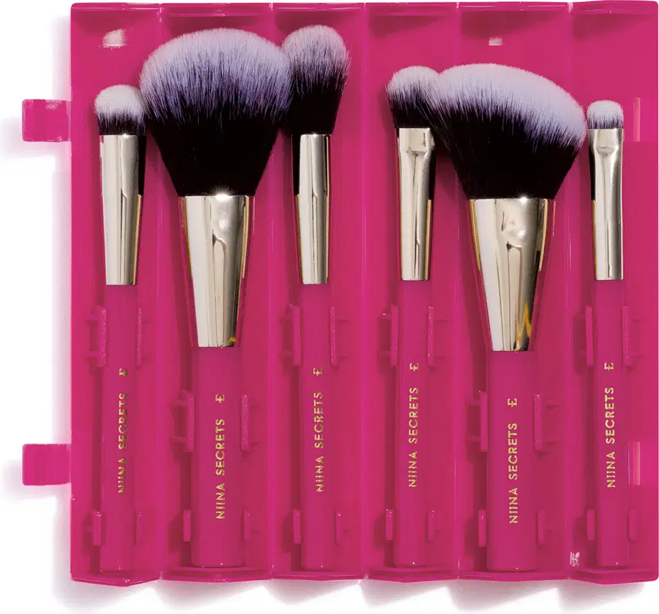 Estojo de pincéis de maquiagem Niina Secrets com seis pincéis de cerdas pretas e cabos dourados em embalagem rosa pink com compartimentos individuais.