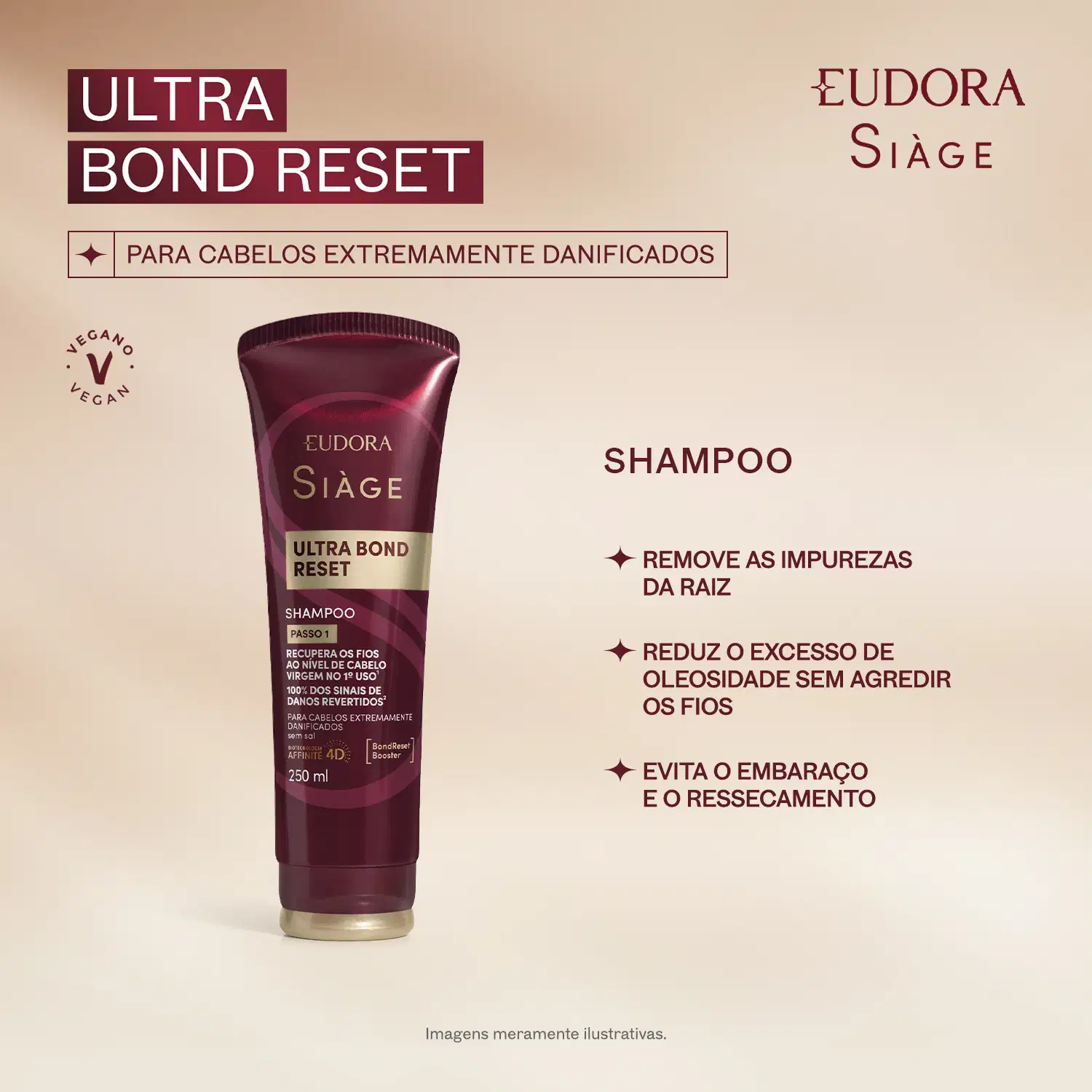 Card de benefícios do Shampoo Siàge Ultra Bond Reset. Em texto: para cabelos extremamente danificados. Remove as impurezas da raiz; reduz o excesso de oleosidade sem agredir os fios; evita o embaraço e o ressecamento.