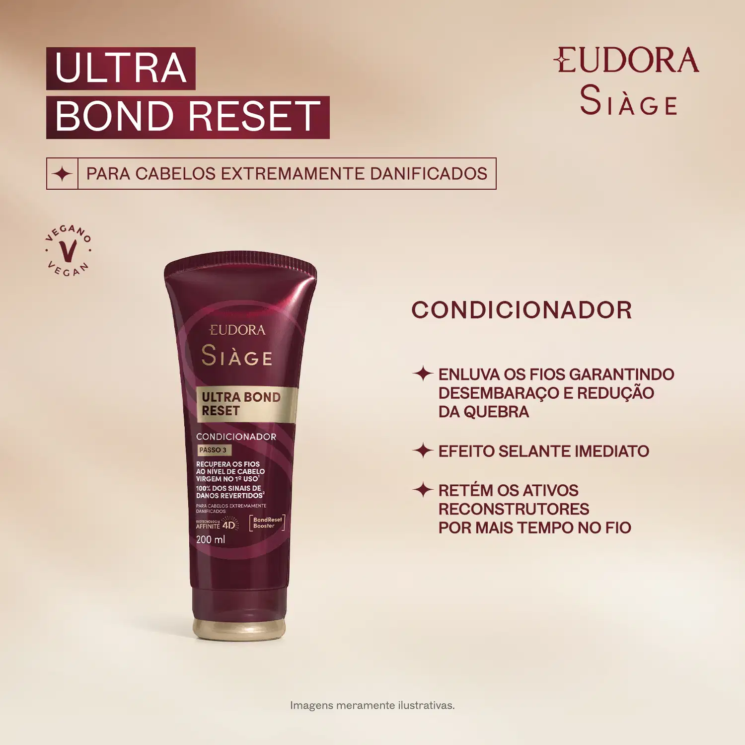Card de benefícios do Condicionador Eudora Siàge, com texto "Ultra Bond Reset" e informações: enluva os fios garantindo desembaraço e redução da quebra; efeito selante imediato; retém os ativos reconstruturores por mais tempo no fio.