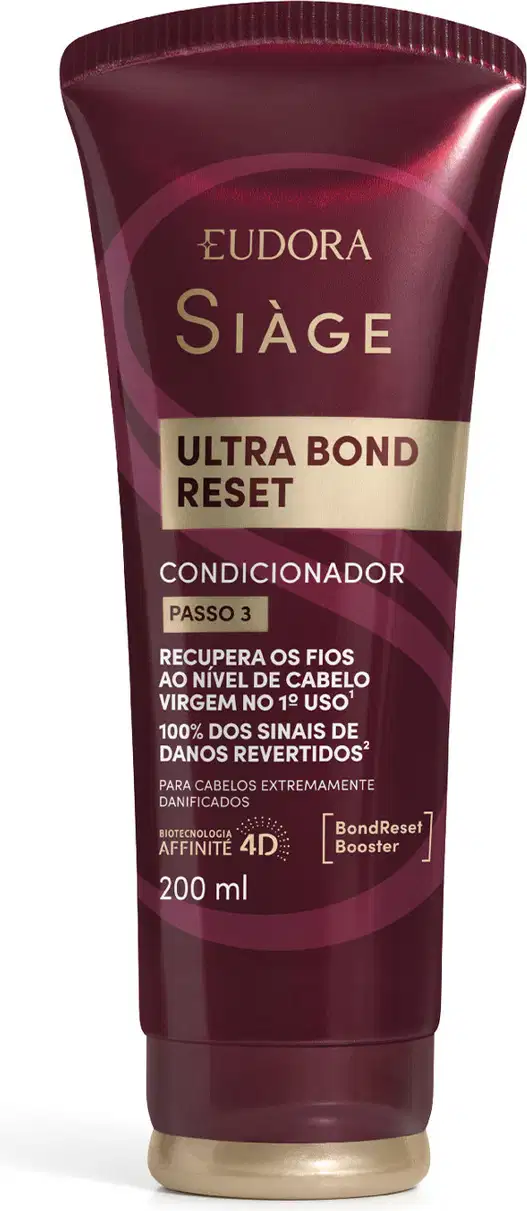 Frasco de condicionador da linha Siàge Ultra Bond Reset, com embalagem vinho e dourada, contendo 200 ml do produto.