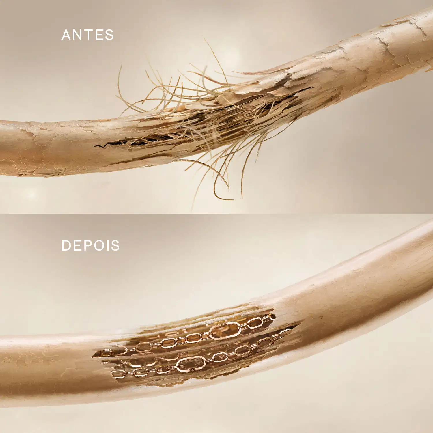 Imagem mostra uma comparação da situação do fio capilar, de antes e depois, após uso da linha Siàge Ultra Bond Reset, com as fibras capilares resetadas.