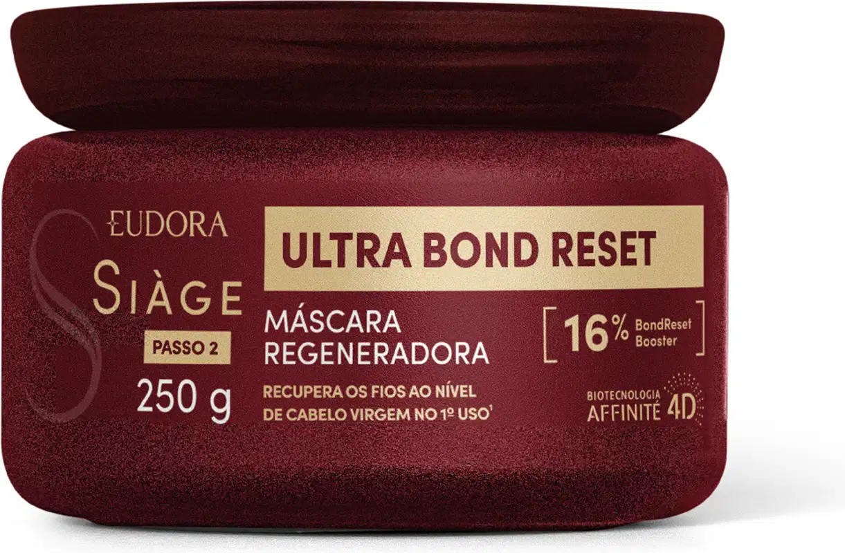 Pote de máscara regeneradora da linha Siàge Ultra Bond Reset, com embalagem vermelha escura e rótulo dourado, contendo 250 g do produto.
