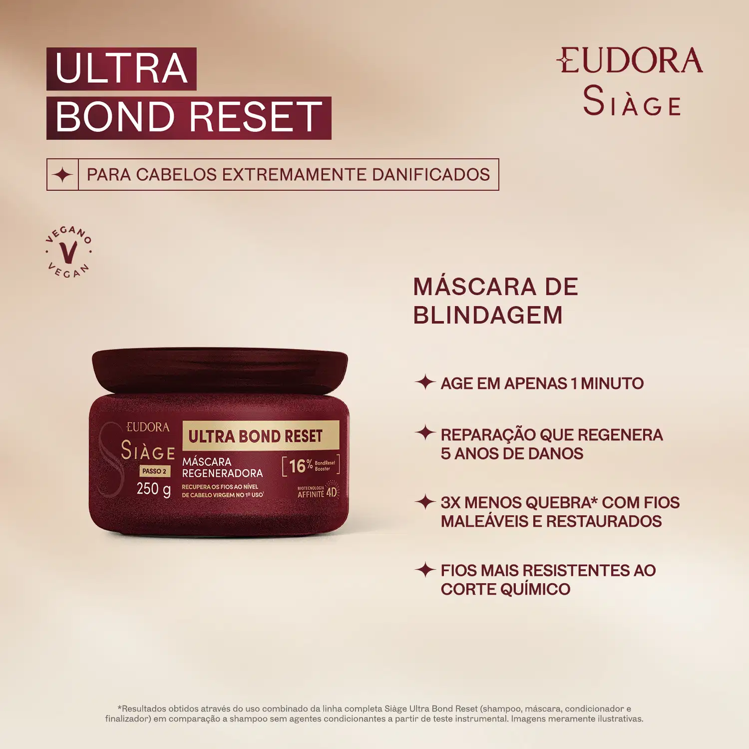Card de benefícios da máscara regeneradora de cabelos da marca Eudora Siàge, com texto "Ultra Bond Reset" e informações sobreo produto, como reparação de danos em 5 ano, fios mais resistentes ao corte químico, 3x menos quebra e age em apenas 1 minuto